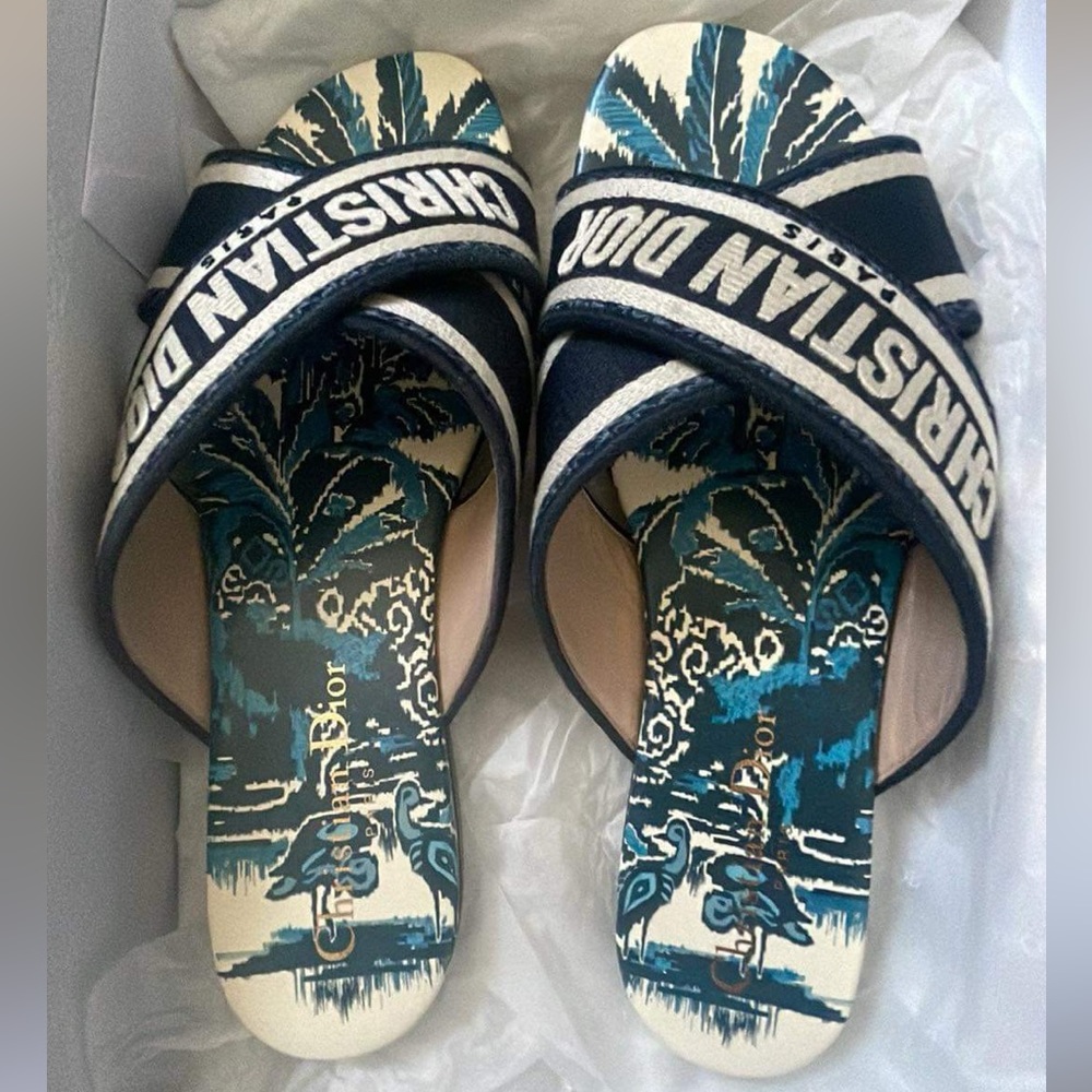 DIOR Canvas Palms Embroidered Dway Criss Cross Slide Sandals